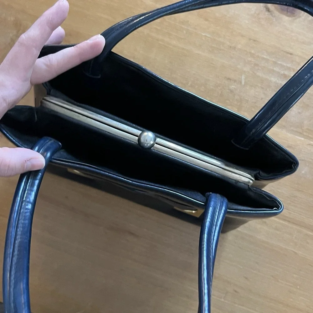 Vintage 1960s Mod Dover Navy Blue Patent Top Handle Frame Handbag Made in USA